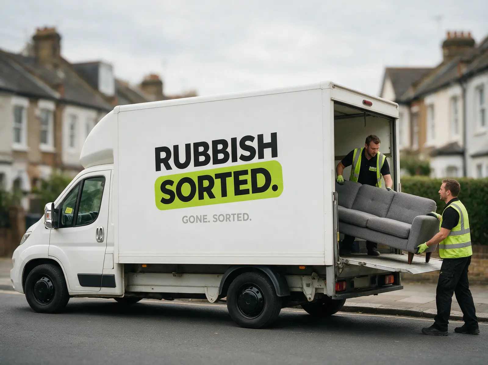 RubbishSorted branded Luton van being loaded with a sofa